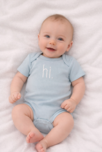 Load image into Gallery viewer, Huggalugs - Hi. Embroidered Surf Blue Cotton Knit Onesie for Baby - 0-3 months