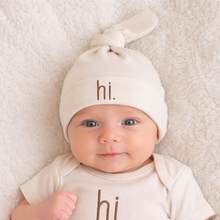 Load image into Gallery viewer, Huggalugs - Hi. Embroidered Pecan Knotted Baby Hat - 3-6 months
