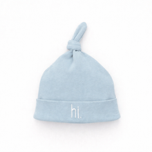 Load image into Gallery viewer, Huggalugs - Hi. Embroidered Surf Blue Knotted Baby Hat - 0-3 months