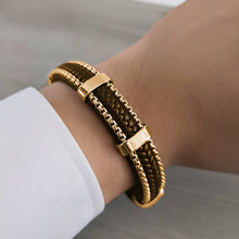 Load image into Gallery viewer, Maya J - Men's Bracelets - Stainless-Steel &amp; Leather -2 Pk (By Style) - Brown Leather &amp; Yellow Gold-Plated / Style - 3

