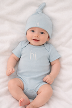 Load image into Gallery viewer, Huggalugs - Hi. Embroidered Surf Blue Cotton Knit Onesie for Baby - 3-6 months
